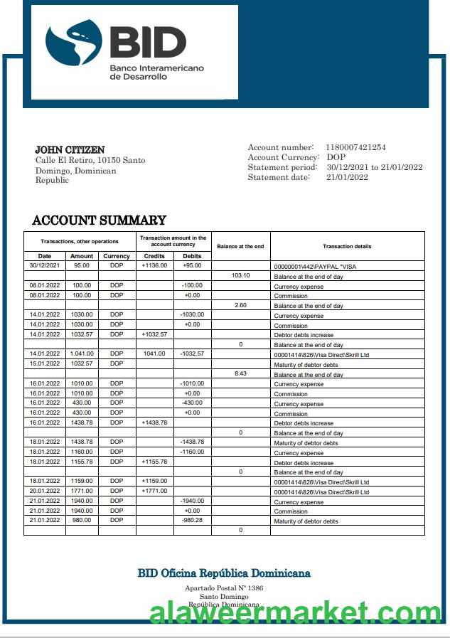 Dominican Republic Bid bank statement
